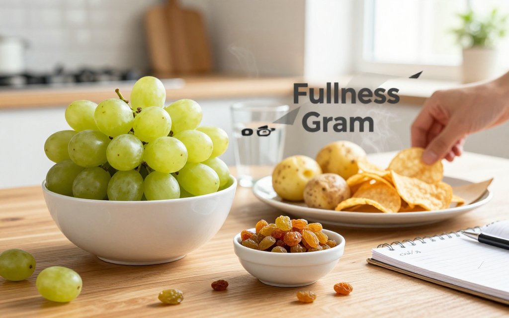 Kitchen table comparison of grapes vs raisins and potatoes vs chips illustrating energy density and fullness, with overlay text.