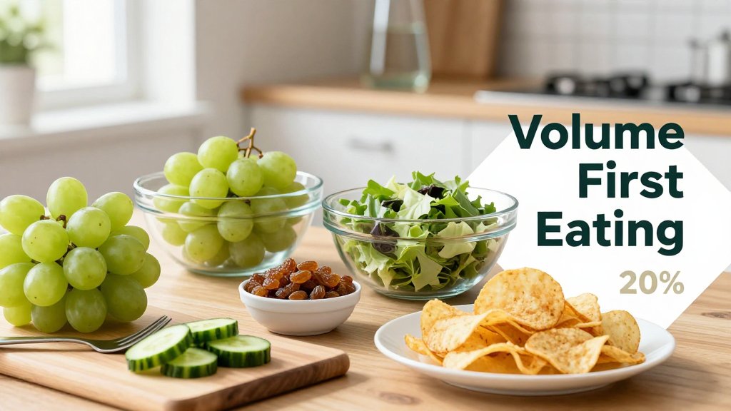 Kitchen table scene comparing low and high energy density foods: grapes and salad versus raisins and chips, with text overlay about volume-first eating.