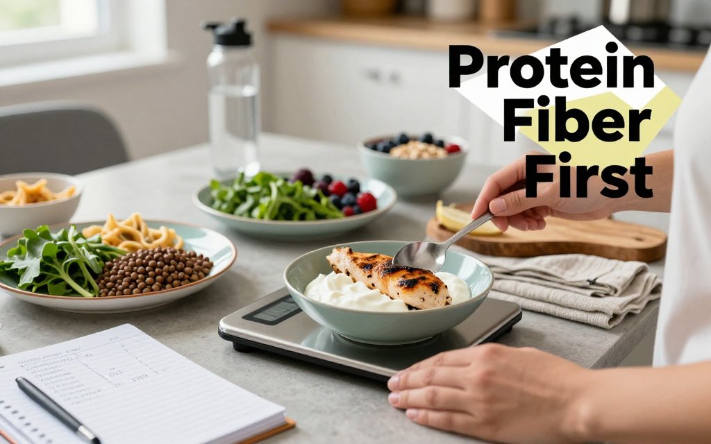 Hands portioning protein- and fiber-rich foods on a kitchen table with a food scale, notebook, and healthy ingredients; a small pasta bowl is pushed aside, illustrating prioritizing protein and fiber on GLP-1.