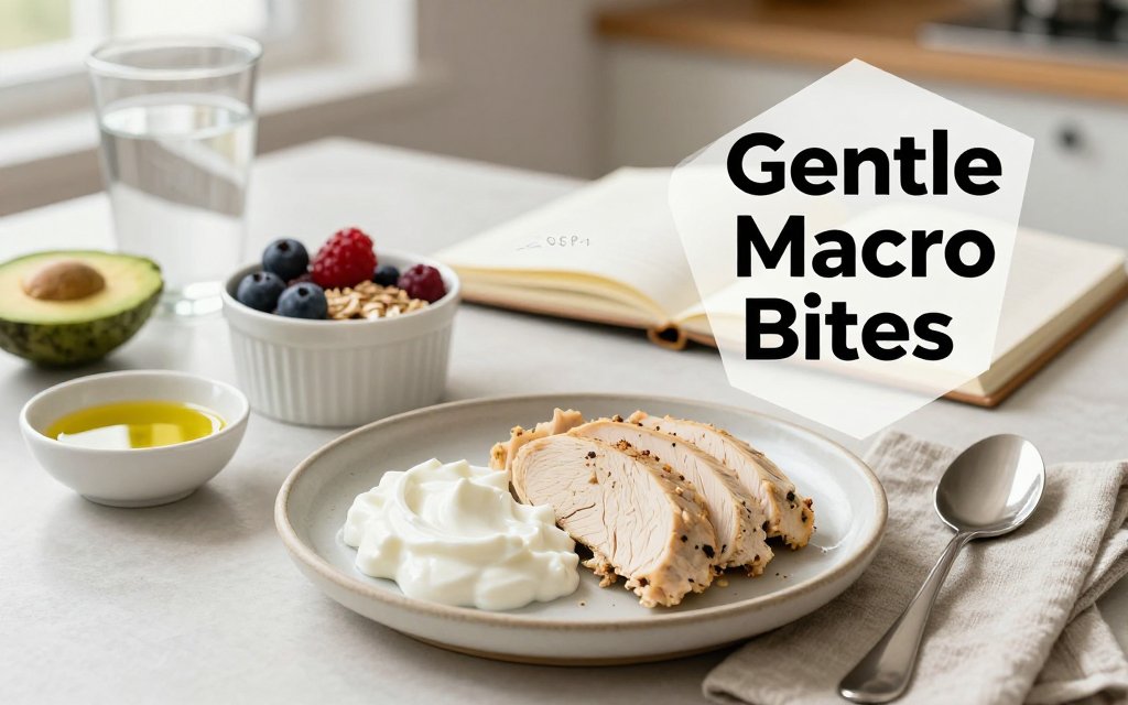Small GLP-1 friendly mini-meals on a kitchen table showing protein, fiber, and small fats with macro notes in the background.