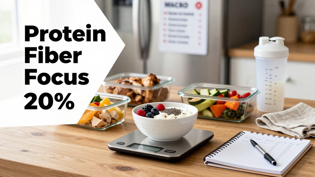 Kitchen table meal-prep scene with food scale, high-protein and high-fiber foods, and a notepad tracking protein, fiber, and calories.