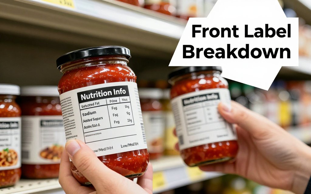 Hands compare pasta sauce jars in a grocery aisle, highlighting a front-of-pack Nutrition Info box with Low/Med/High nutrient tags.