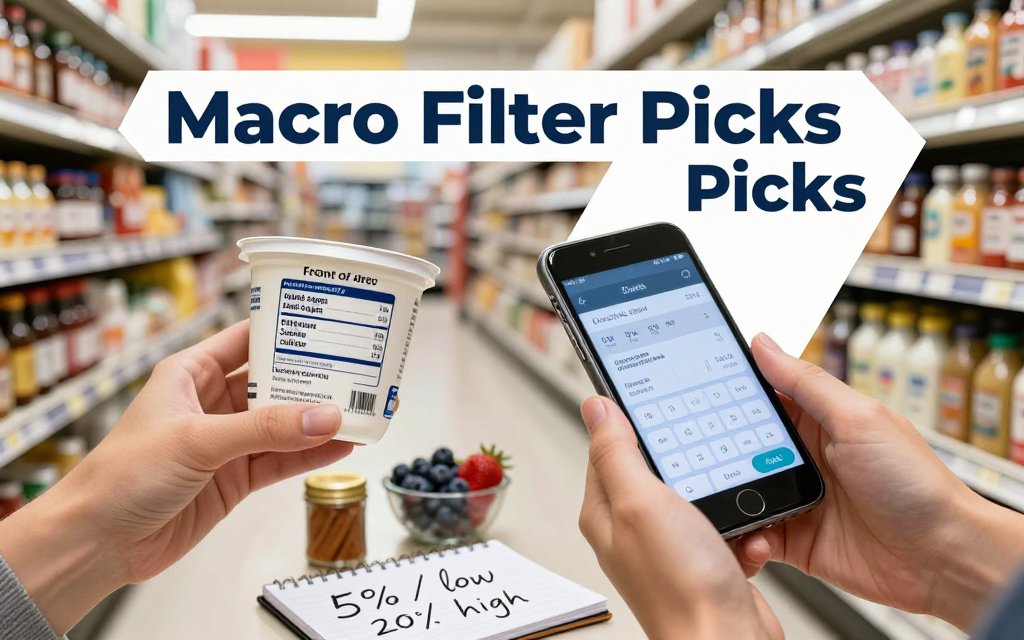 Hands in a grocery aisle compare yogurt cups while using %DV for added sugars, sodium, and saturated fat; berries and notes nearby; text overlay reads “Macro Filter Picks.”