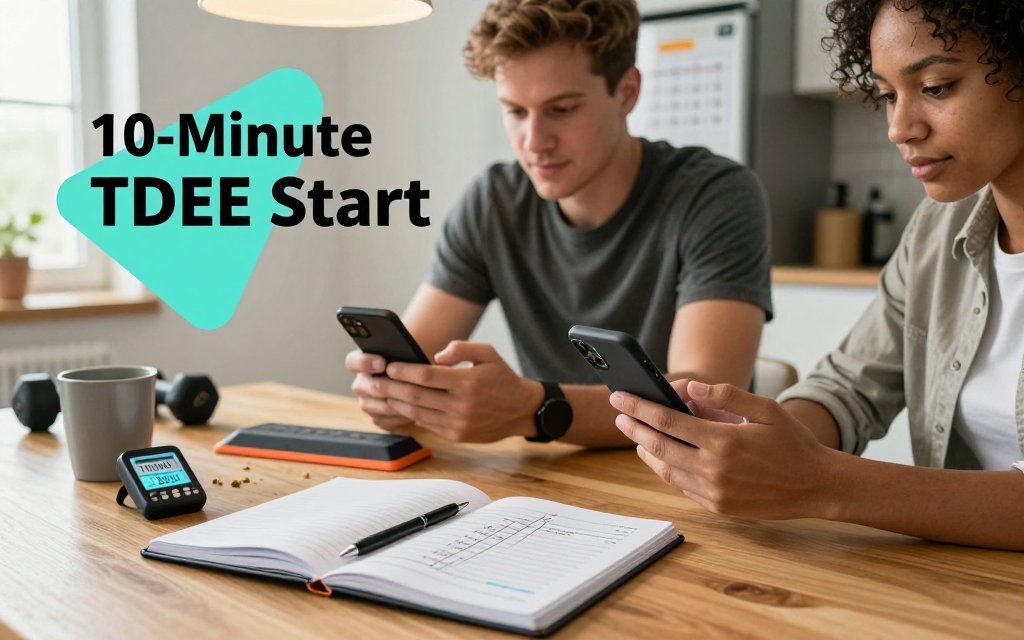 Two friends at a kitchen table comparing calorie targets and step counts, with a notebook showing a TDEE flowchart and a weekly training calendar in the background.