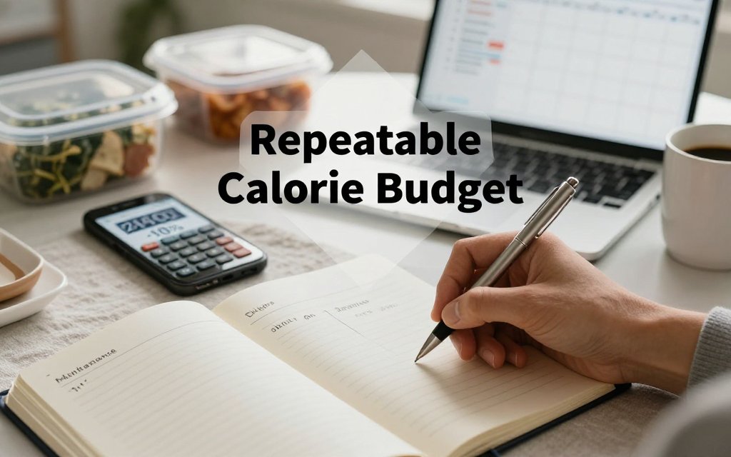 Hands at a kitchen table turning TDEE into a repeatable calorie budget with notebook, calculator phone, and calendar in background.
