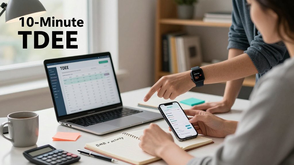 Home office desk scene with two friends comparing TDEE and calorie budget using a laptop, phone, and notebook, with overlay text "10-Minute TDEE".