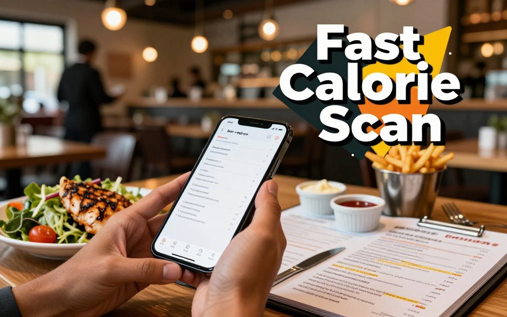 Hands at a restaurant table using a smartphone to quickly estimate calories from a menu, with sauces and fries visible and a warm bistro background.