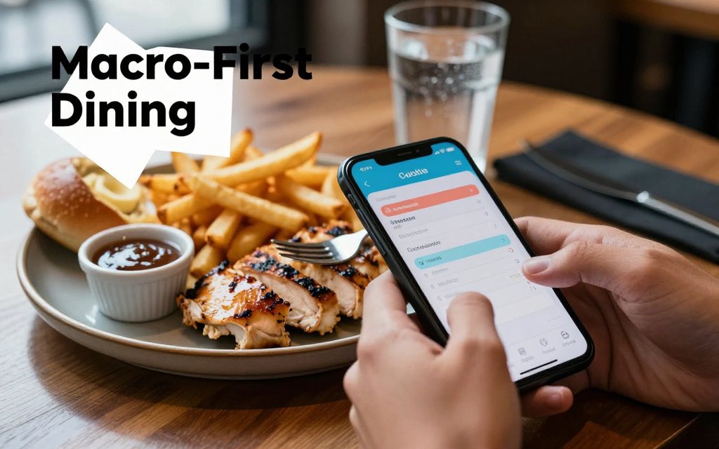 Hands at a restaurant logging macros on a smartphone next to a plate of grilled chicken, fries, sauce, and drinks, with overlay text about macro-first dining.