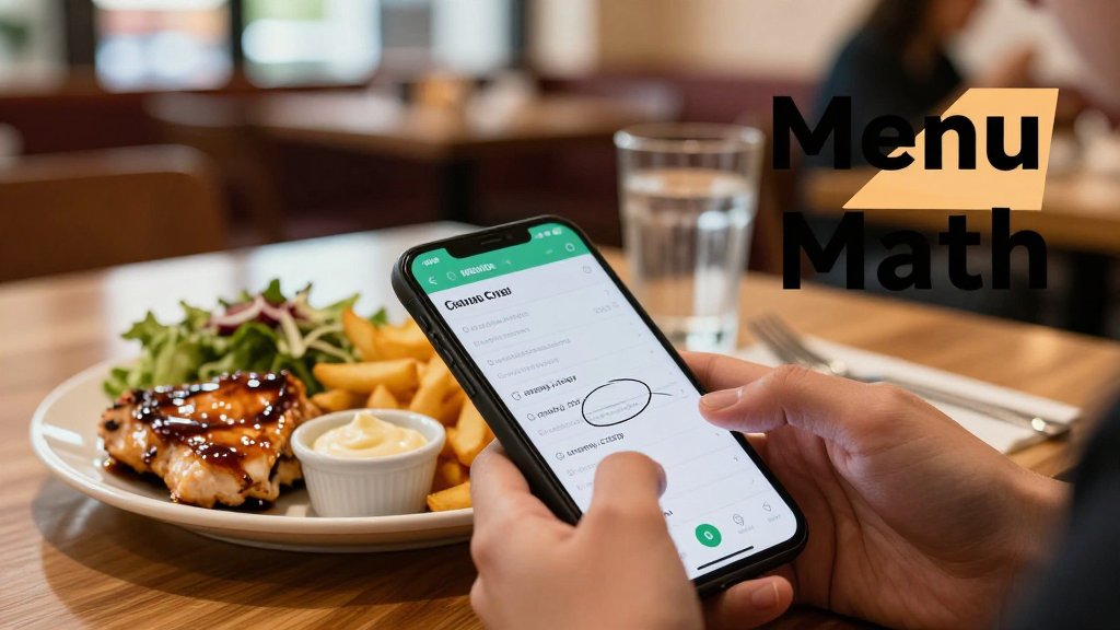 Hands at a restaurant table logging a meal on a smartphone next to a plated dish, menu notes highlighting calorie add-ons.