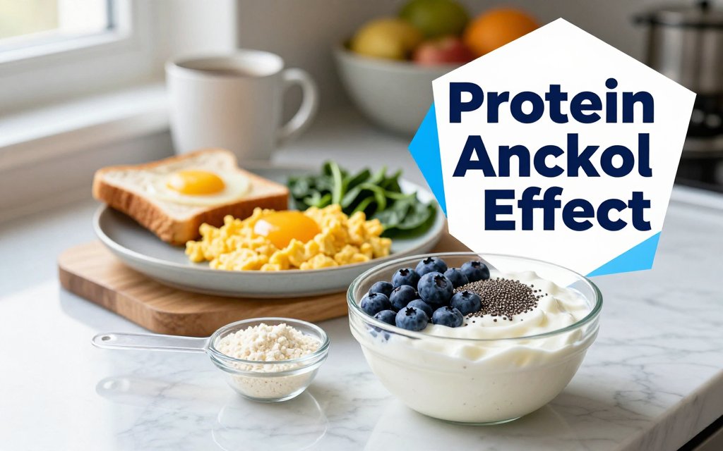 High-protein breakfast anchor foods on a marble counter: skyr with berries and chia, whey scoop, egg-white scramble with toast and spinach, in a sunlit kitchen.