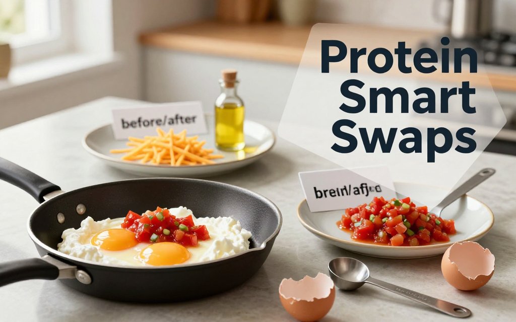 Kitchen counter scene showing a lower-calorie high-protein egg breakfast swap next to a higher-calorie version, with overlay text Protein Smart Swaps.