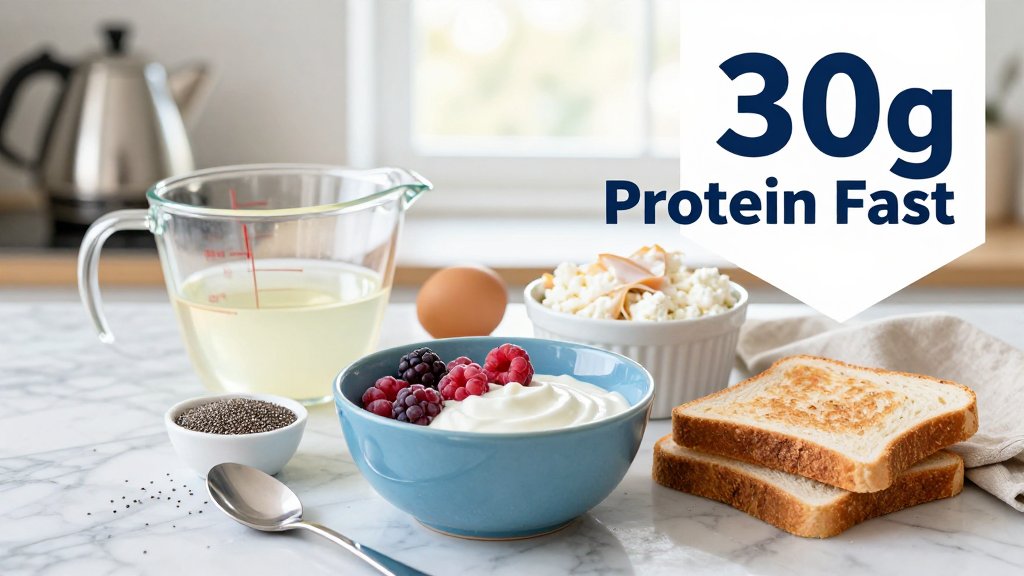 High-protein breakfast flat lay with Greek yogurt, berries, chia, egg whites, cottage cheese, turkey, and toast in a bright kitchen.