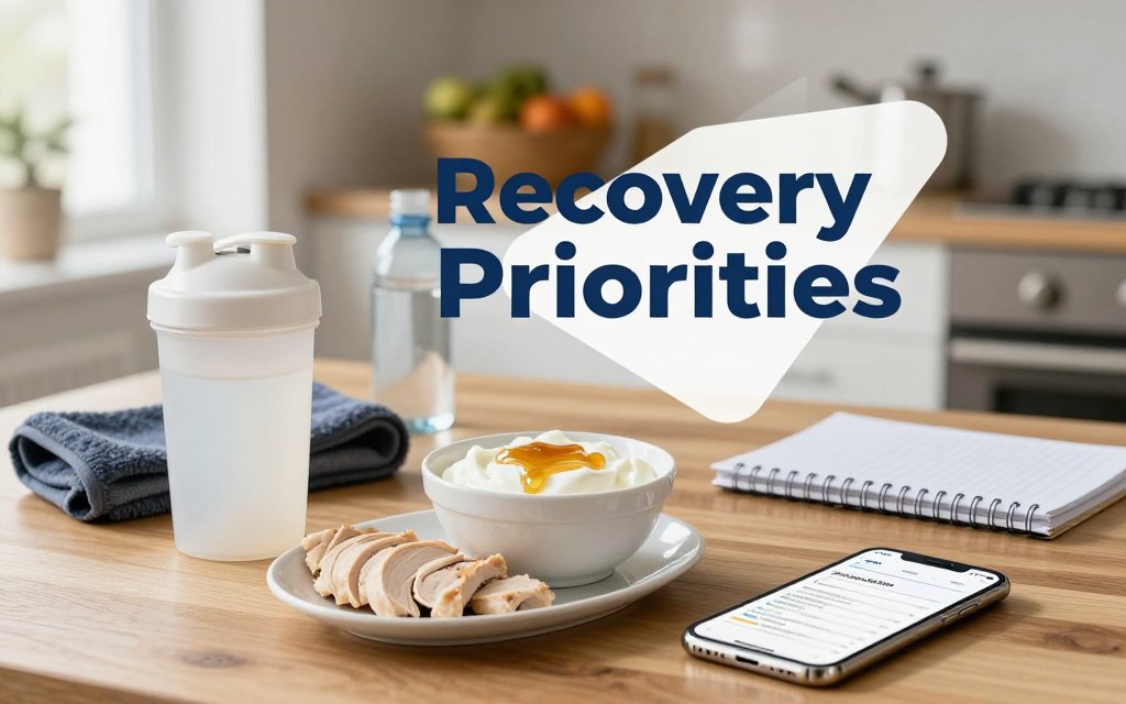 Post-workout kitchen table scene with protein foods, water, and a phone logging macros, illustrating key recovery priorities.
