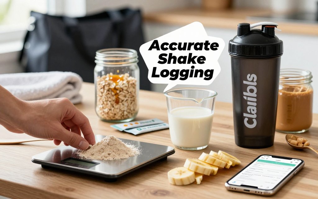 Hands weighing protein powder and logging a post-workout shake with ingredients and electrolyte packets on a kitchen table.