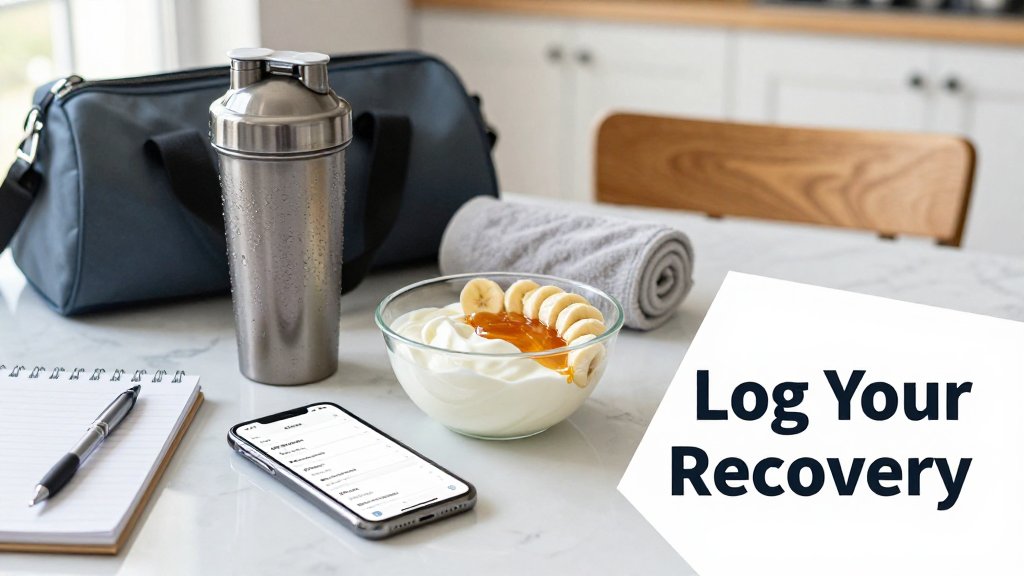 Kitchen-table scene of post-workout nutrition logging with a smartphone macro app, yogurt bowl, shaker, and water bottle; gym bag blurred in background.