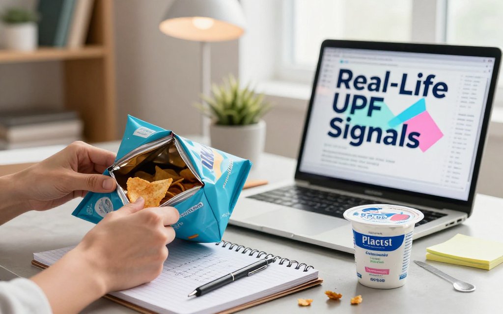 Home office desk scene with hands opening protein chips and a yogurt drink, calorie math on a notepad, and a laptop showing a nutrition label; overlay text about real-life ultra-processed food signals.