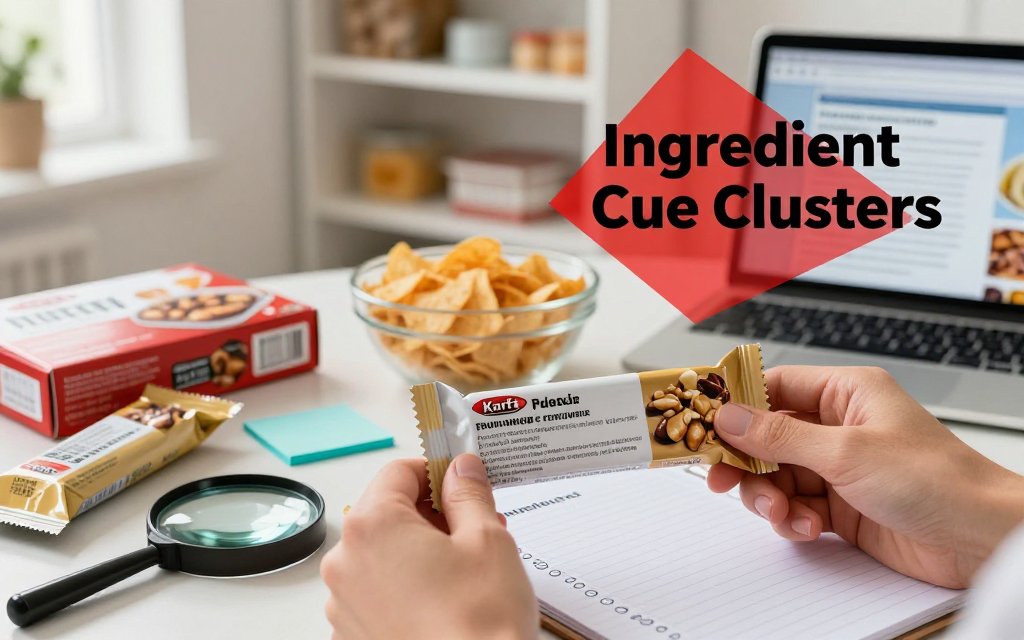 Hands at a kitchen table examining a snack’s ingredient list with magnifying glass, checklist notes, and other packaged foods nearby; overlay text reads Ingredient Cue Clusters.
