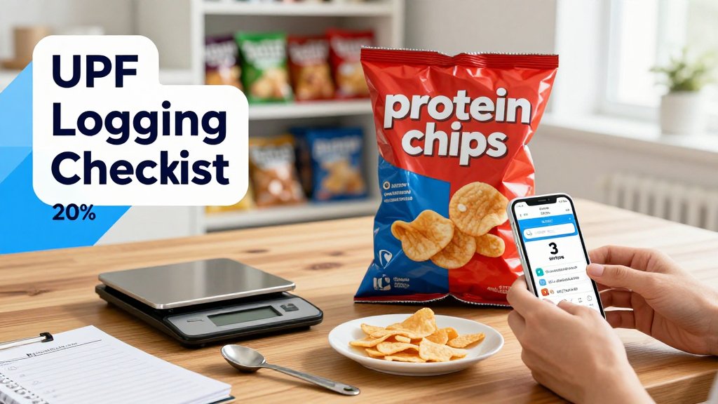 Hands at a kitchen table weighing protein chips and logging a yogurt drink while reading a nutrition label showing multiple servings, illustrating ultra-processed food portion pitfalls.