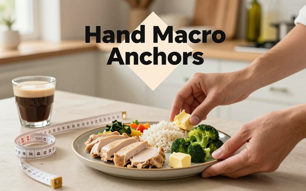 Hands demonstrating palm, fist, cupped hand, and thumb portion sizes over a balanced plate of protein, carbs, vegetables, and fats on a kitchen table with an overlay reading Hand Macro Anchors.