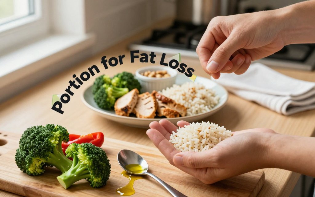 Hands portioning a plate using fist, palm, cupped hand, and thumb measures for weight loss on a kitchen table.