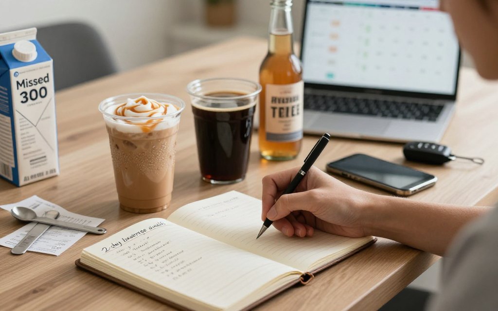Lifestyle photo of a beverage calorie audit on a kitchen table with notebook, phone, latte, coffee with oat milk, and kombucha.