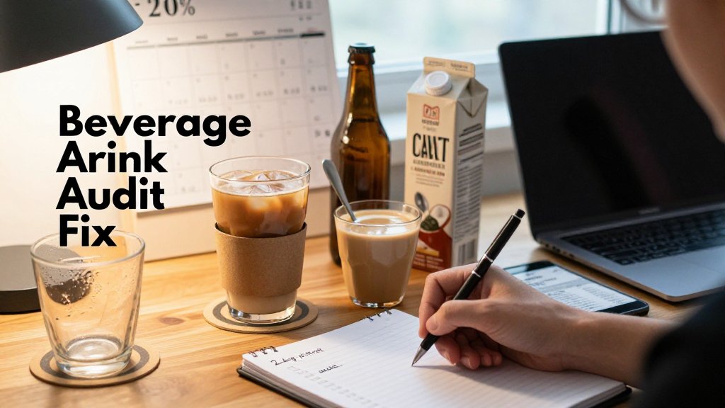 Home office desk scene with hands listing drinks in a beverage audit next to latte, coffee with oat milk, and kombucha; overlay text reads Beverage Audit Fix.