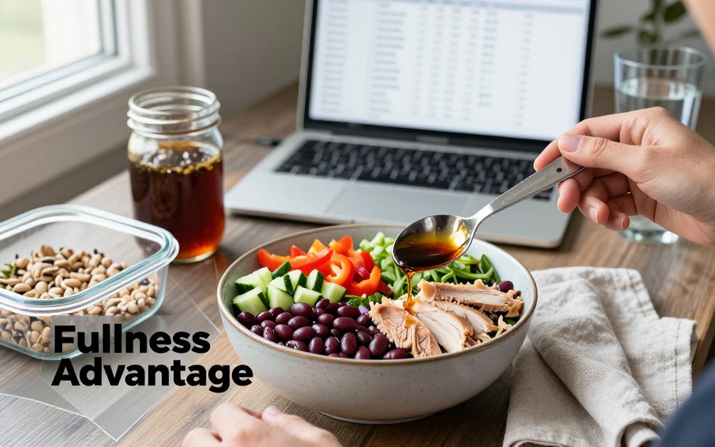 Hands measuring vinaigrette beside a dense bean salad bowl on a wooden table with a blurred laptop showing macro math in the background.
