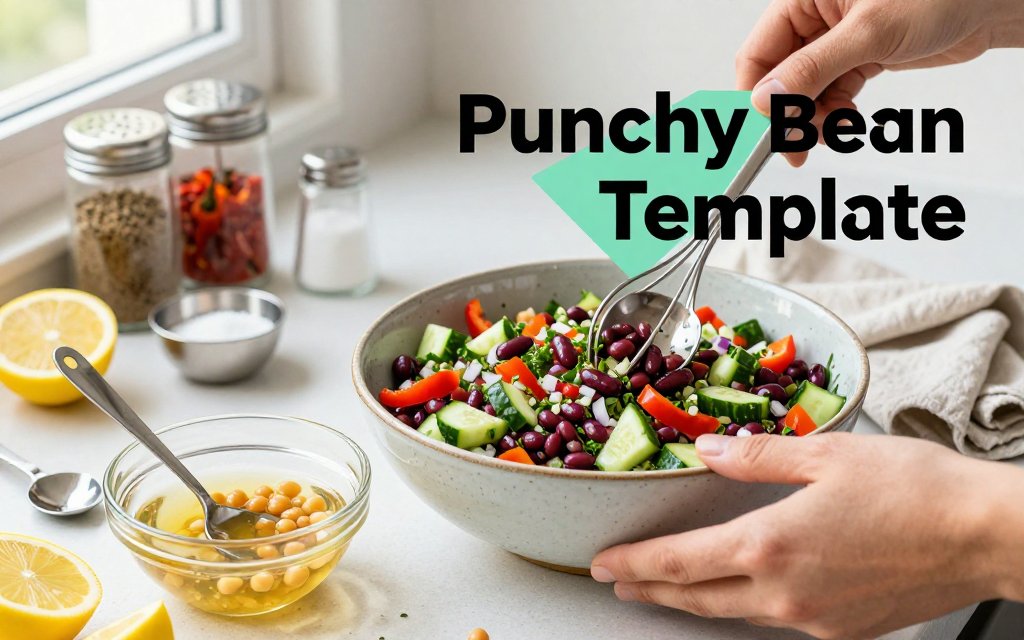 Hands whisk a lemon-vinegar dressing next to measured chickpeas and a bowl of dense bean salad with crunchy vegetables and herbs on a bright kitchen table.