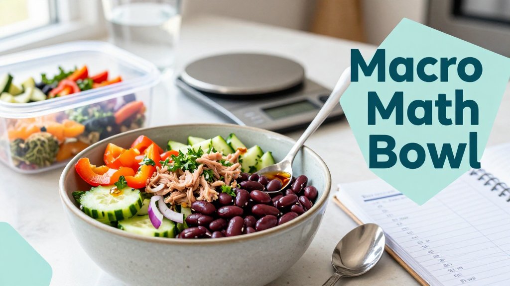Macro-friendly dense bean salad bowl with measured vinaigrette, kitchen scale, and macro notes on a bright kitchen table.