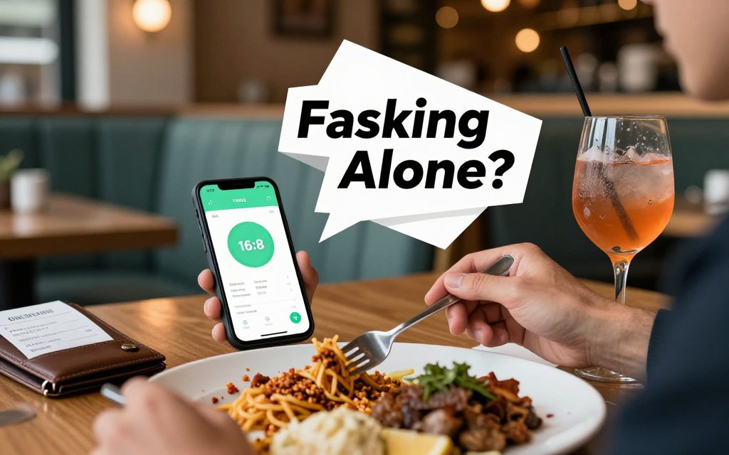 Hands at a restaurant table with large meal, phone showing 16:8 fasting timer, and a receipt, illustrating that calorie deficit matters more than the clock.