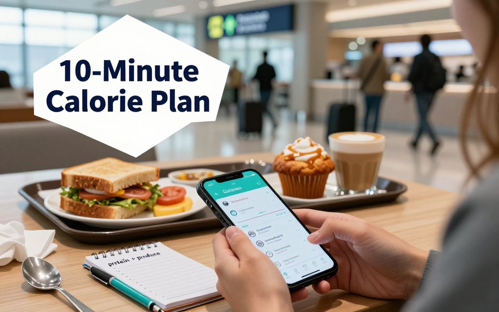 Traveler at an airport café quickly setting a vacation calorie plan on a smartphone with tempting breakfast options nearby.