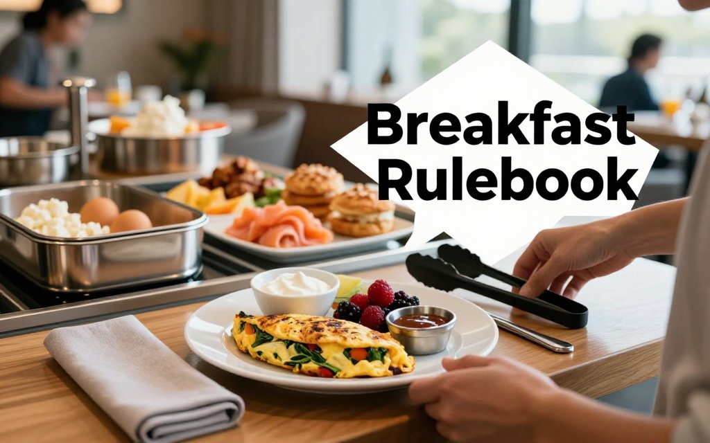 Hands assembling a protein-forward hotel breakfast plate at a buffet, with pastries blurred behind and text overlay about decision rules.