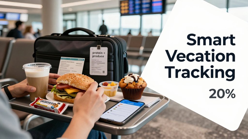 Traveler logs airport meal calories on phone while selecting breakfast options, emphasizing flexible vacation tracking.