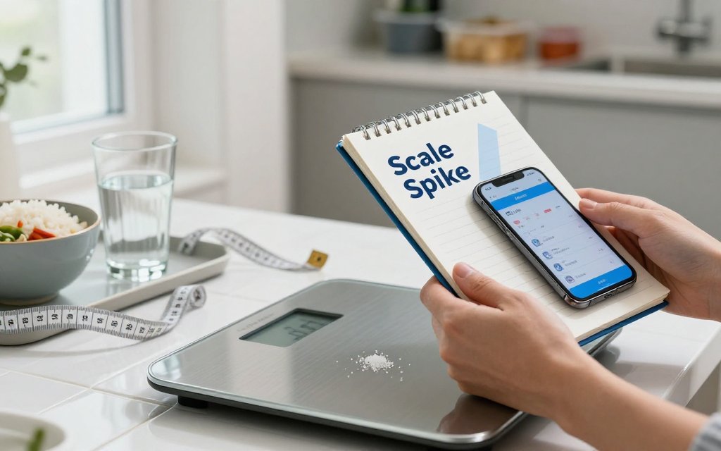 Hands over a bathroom scale with a food journal and calorie-tracking phone, illustrating daily weight fluctuations while dieting.