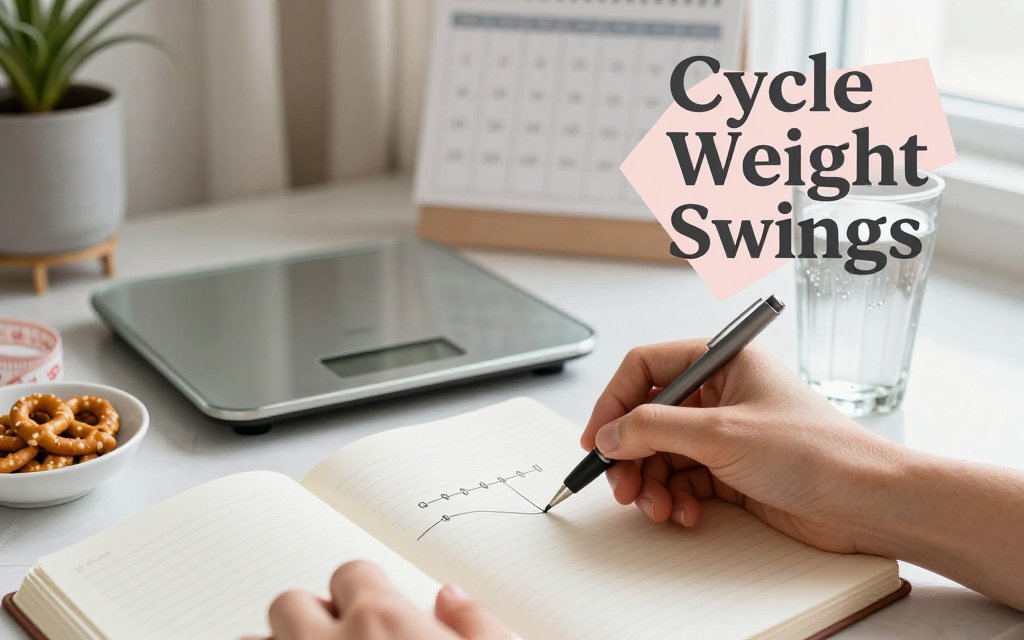 Hands marking a weight chart next to a bathroom scale and calendar, illustrating monthly hormone-related weight fluctuations.