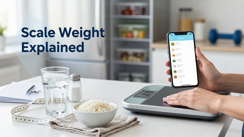 Kitchen table scene showing a person holding a bathroom scale and phone food log, with meal prep and workout items suggesting scale weight fluctuations during dieting.