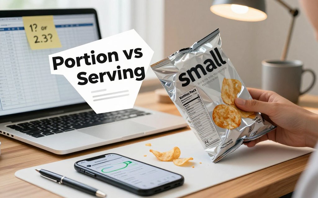 Hands in a home office compare a chip bag’s serving size to what was eaten while a phone logging app is open, emphasizing serving size versus portion size.