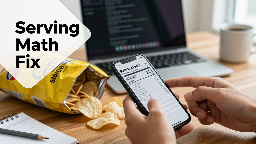 Hands compare a chip bag nutrition label with a phone app calculating multiple servings on a home office desk.