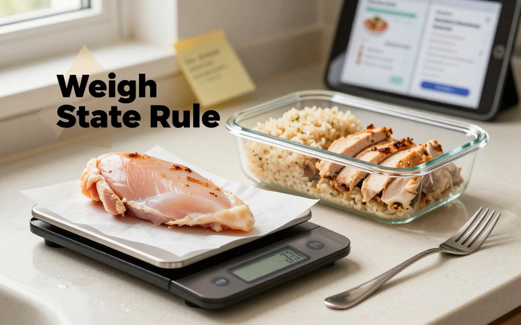 Meal prep scene with digital scale showing raw chicken and cooked chicken in container to illustrate logging raw vs cooked weights consistently.