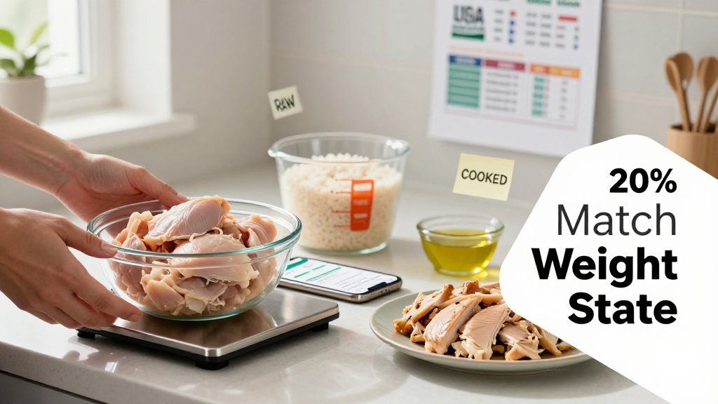 Hands meal-prepping chicken and rice while comparing raw vs cooked weights on a digital scale, with a phone nutrition app and overlay text.