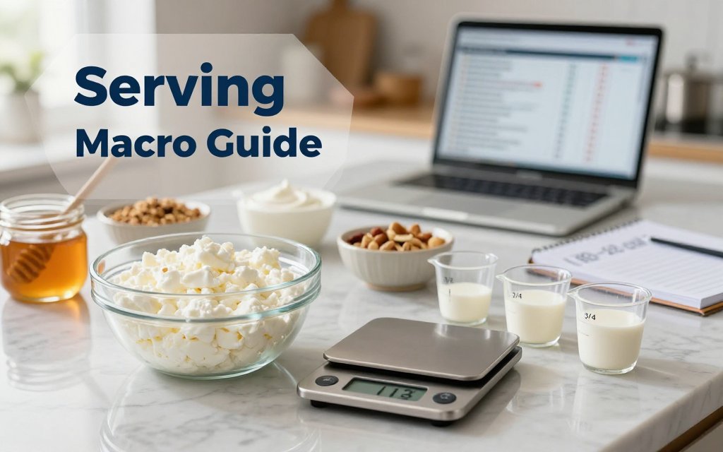 Measured cottage cheese servings with scale, measuring cups, toppings, and a macro note for calories and protein per serving.