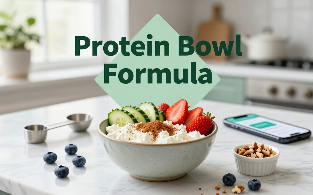 Cottage cheese bowl with fruit, vegetables, seasonings, and measured nuts on a marble kitchen island with measuring spoons and a phone app.