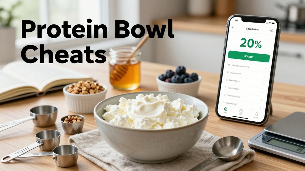 Cottage cheese bowls with measured portions, toppings, and a calorie-tracking phone app on a kitchen table.
