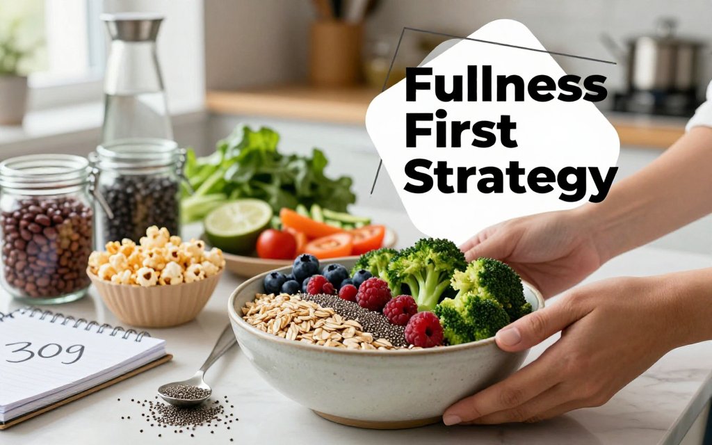 Hands assembling a large high-fiber meal bowl on a kitchen table with beans, berries, oats, seeds, vegetables, and a note referencing 30g fiber.