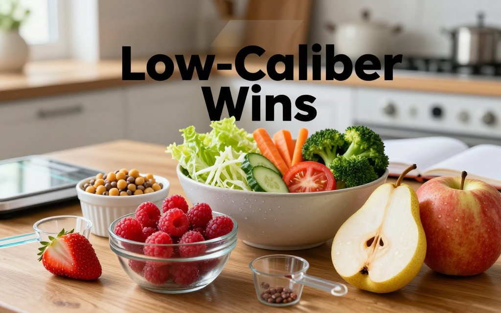 Kitchen table spread of berries, apples, pears, a large vegetable salad, and legumes emphasizing high-fiber low-calorie foods with text overlay.