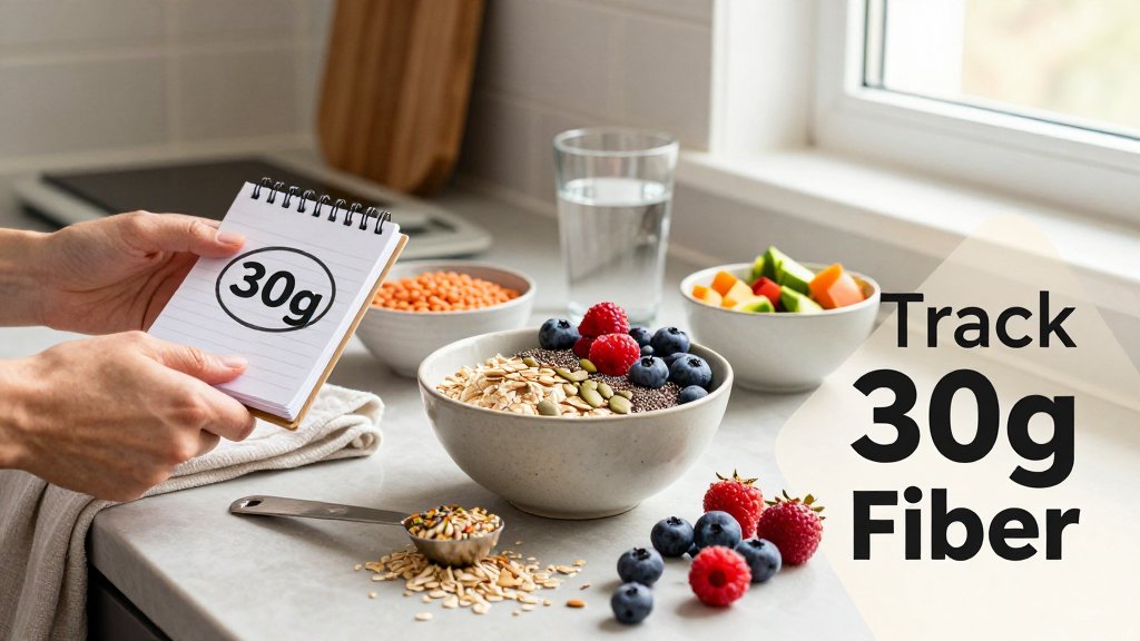 Kitchen counter meal-prep scene with high-fiber foods and a notebook tracking 30 grams of fiber daily.