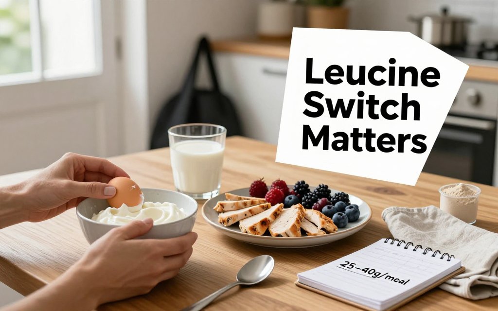Kitchen table scene with hands preparing a high-protein meal and notes about per-meal protein targets, illustrating the leucine threshold concept.