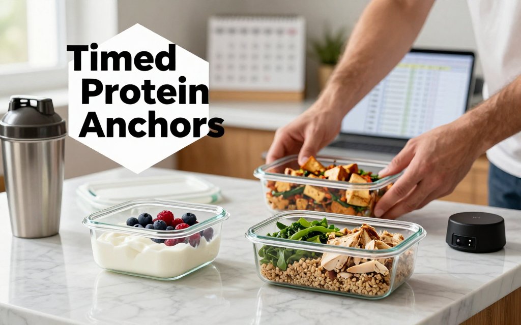 High-protein meal prep on a marble kitchen island showing anchor meals for protein distribution and meal timing for fat loss.