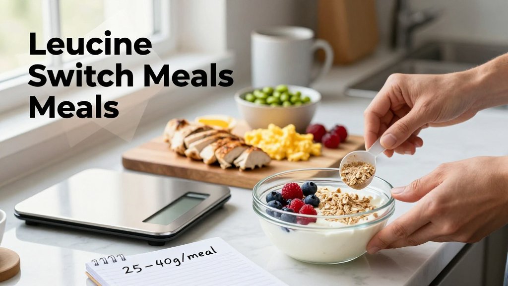 High-protein meal prep on a marble counter with yogurt, eggs, and chicken, illustrating per-meal protein targets for hitting the leucine threshold, with text overlay.