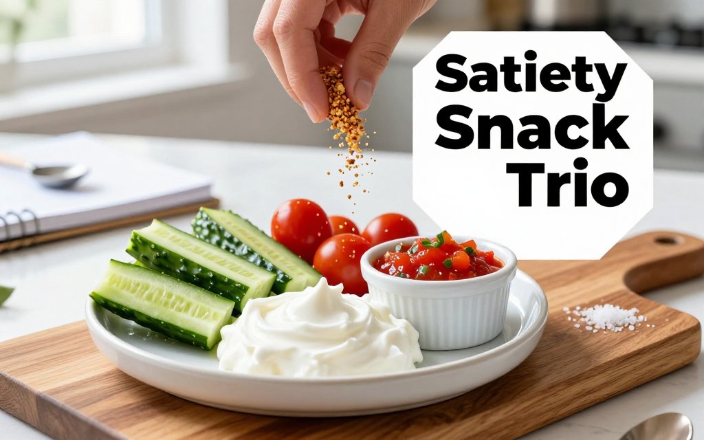 A small 100-calorie snack board with Greek yogurt, cucumbers, cherry tomatoes, salsa, and seasoning in a bright kitchen scene with a hand adding seasoning and a blurred food log in the background.